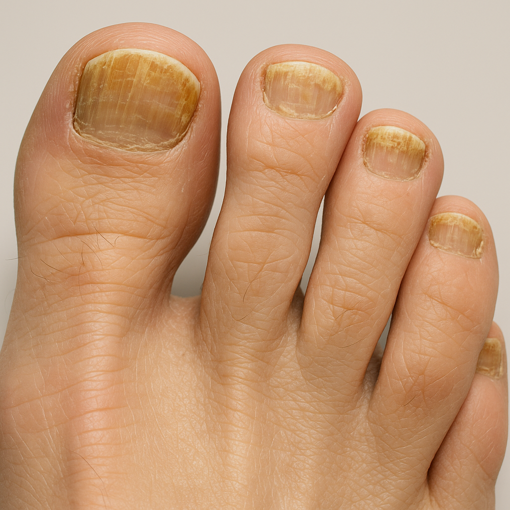 Küüneseen (onühomükoos) varbaküüntel – paksenenud, kollakad ja rabedad küüned (lähivõte)