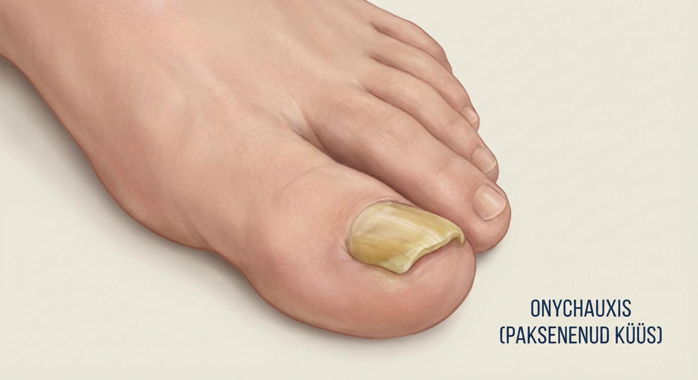 Paksenenud varbaküüs (onühhauksis) suurt varvast kujutav meditsiiniline illustratsioon