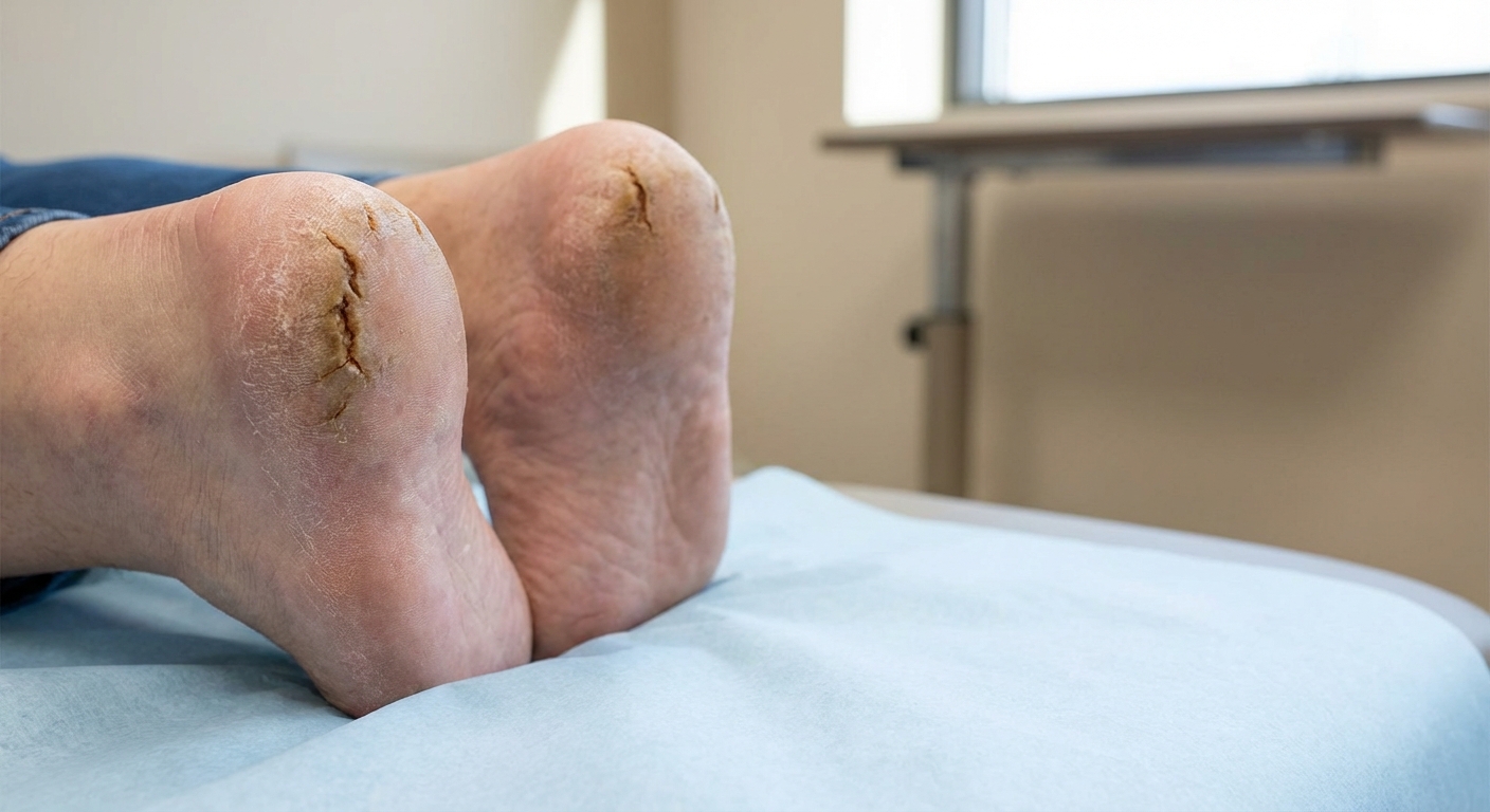 Lähivõte kannast sügavate kuivade kannalõhedega meditsiinilises stiilis fotol