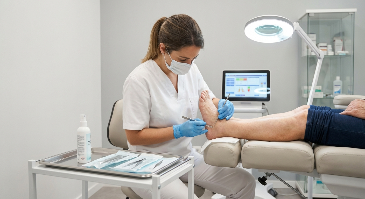 Ravipediküüri protseduur kaasaegses kliinikus Tallinnas, spetsialist hooldab patsiendi jalgu steriilsete instrumentidega