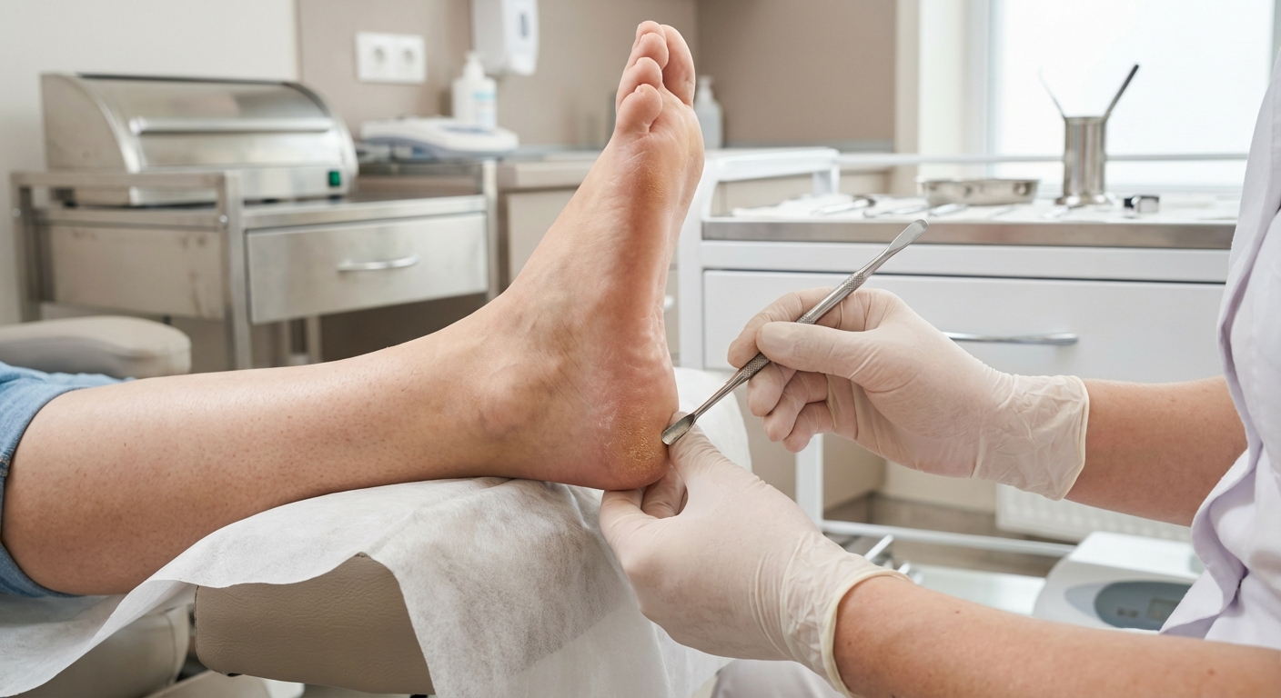 Meditsiiniline jalahooldus kliinikus, spetsialist eemaldab kannapaksendit instrumendiga