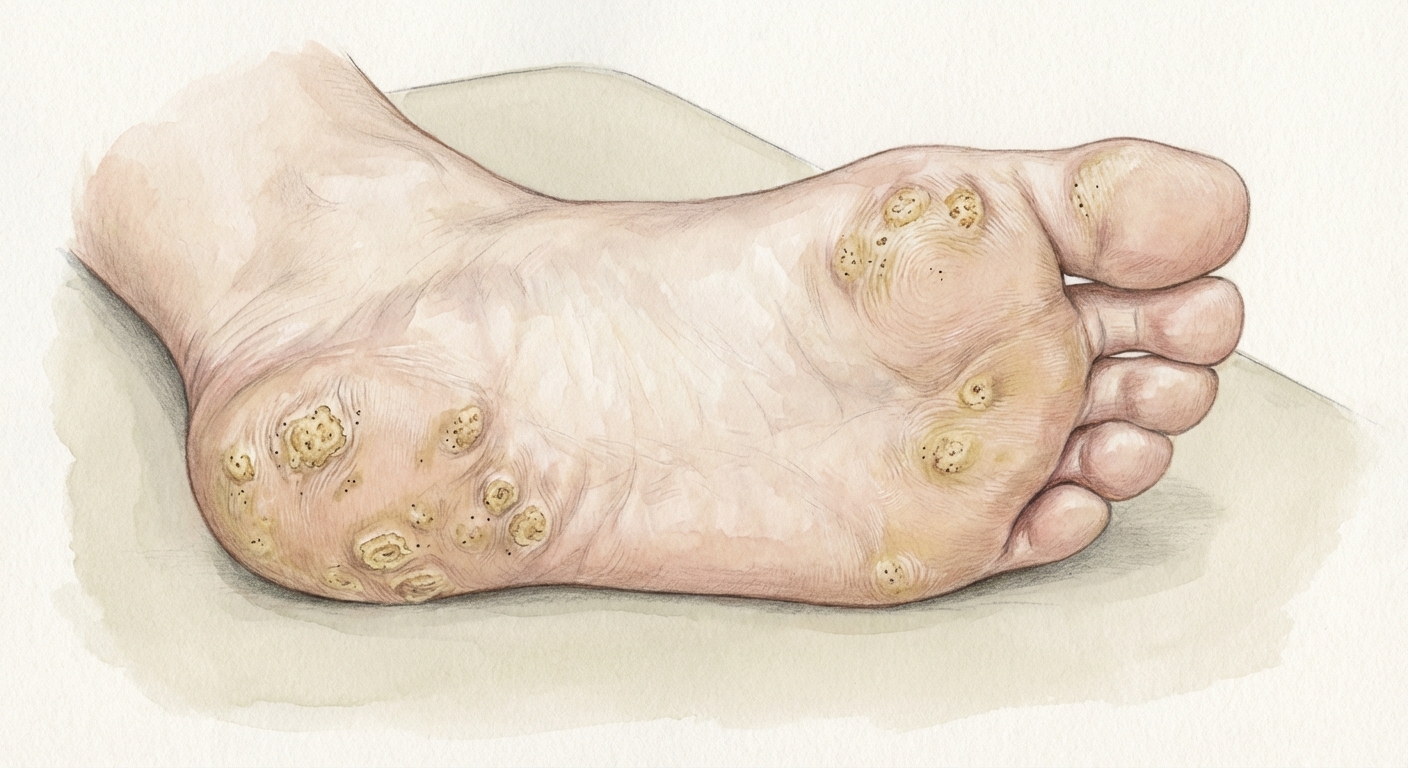 Meditsiiniline illustratsioon jalatallast, millel on näha mitmed soolatüükad ehk plantaarverrukad